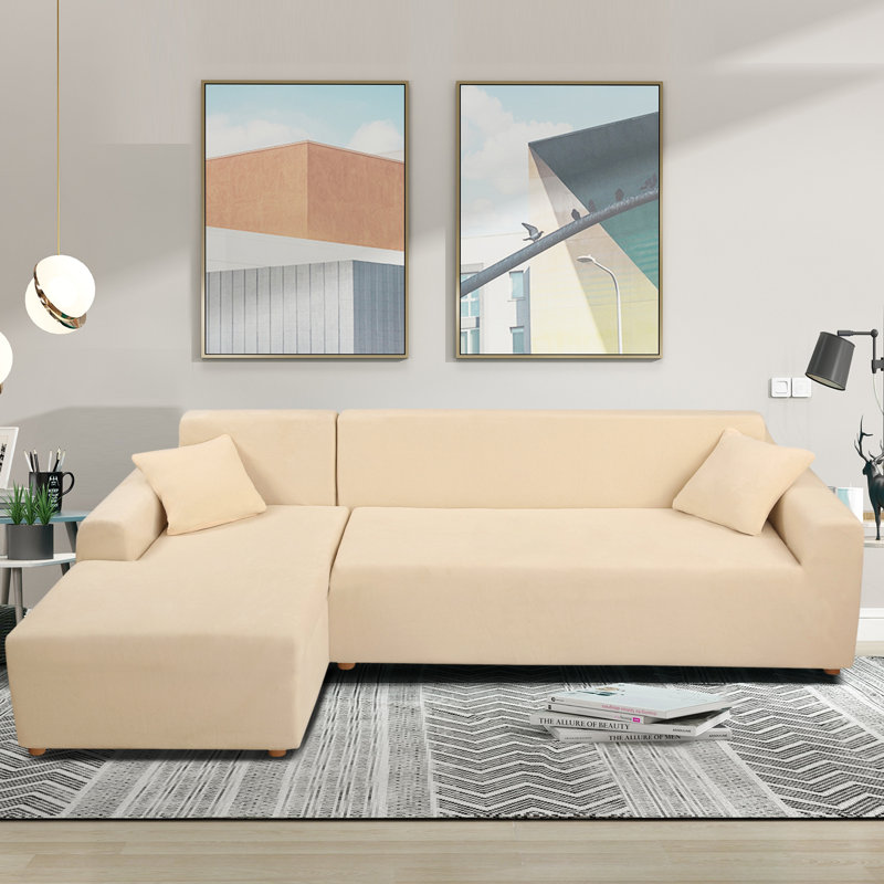 Thick Velvet L Shaped Sofa Cover Sectional Sofa Cover With 2 Throw Pillow Covers Beige